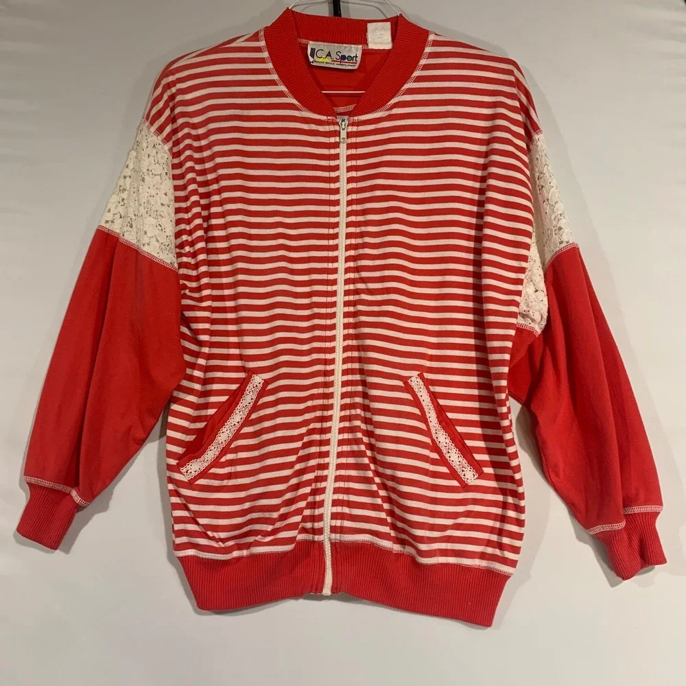 VTG Striped Bomber Jacket Lace Detail Pockets Red White Multi Media Sport Size L